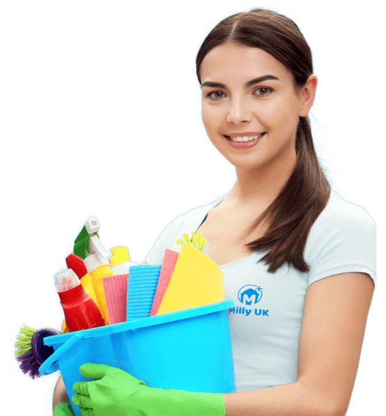 Picture of young, smiling woman with Milly logo in her white t-shirt, with cleaning tools in hands.